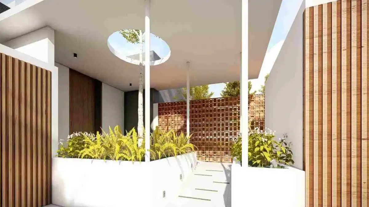 Teras Rumah Split Level Ornamen Kayu